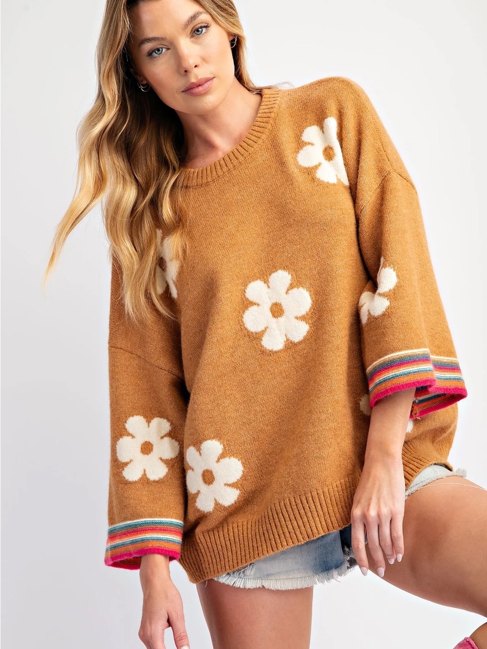 EASEL- Camel Floral Print 3/4 Sleeve Oversized Sweater